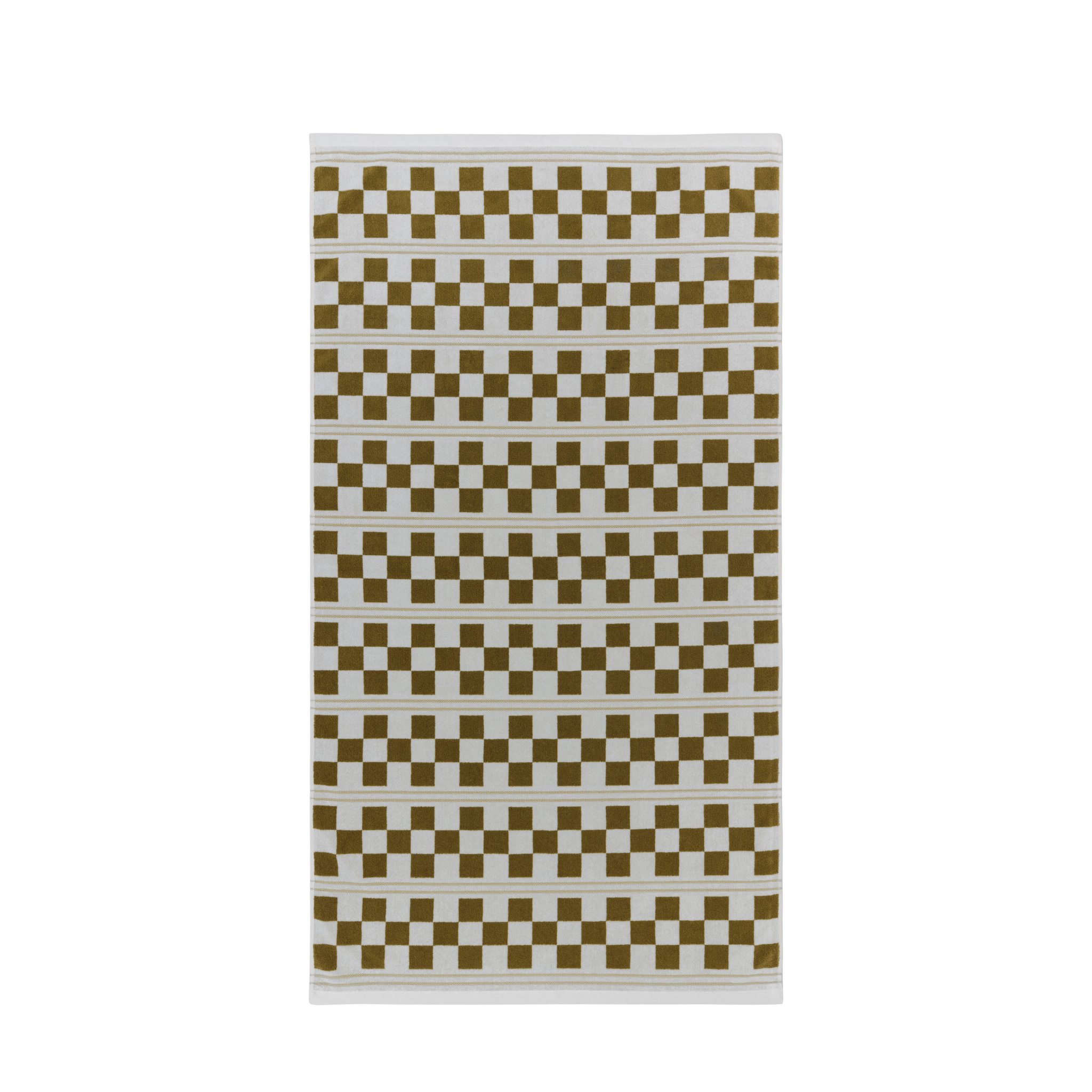Towel with olive green and white squares on a white background