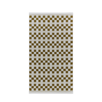 Towel with olive green and white squares on a white background