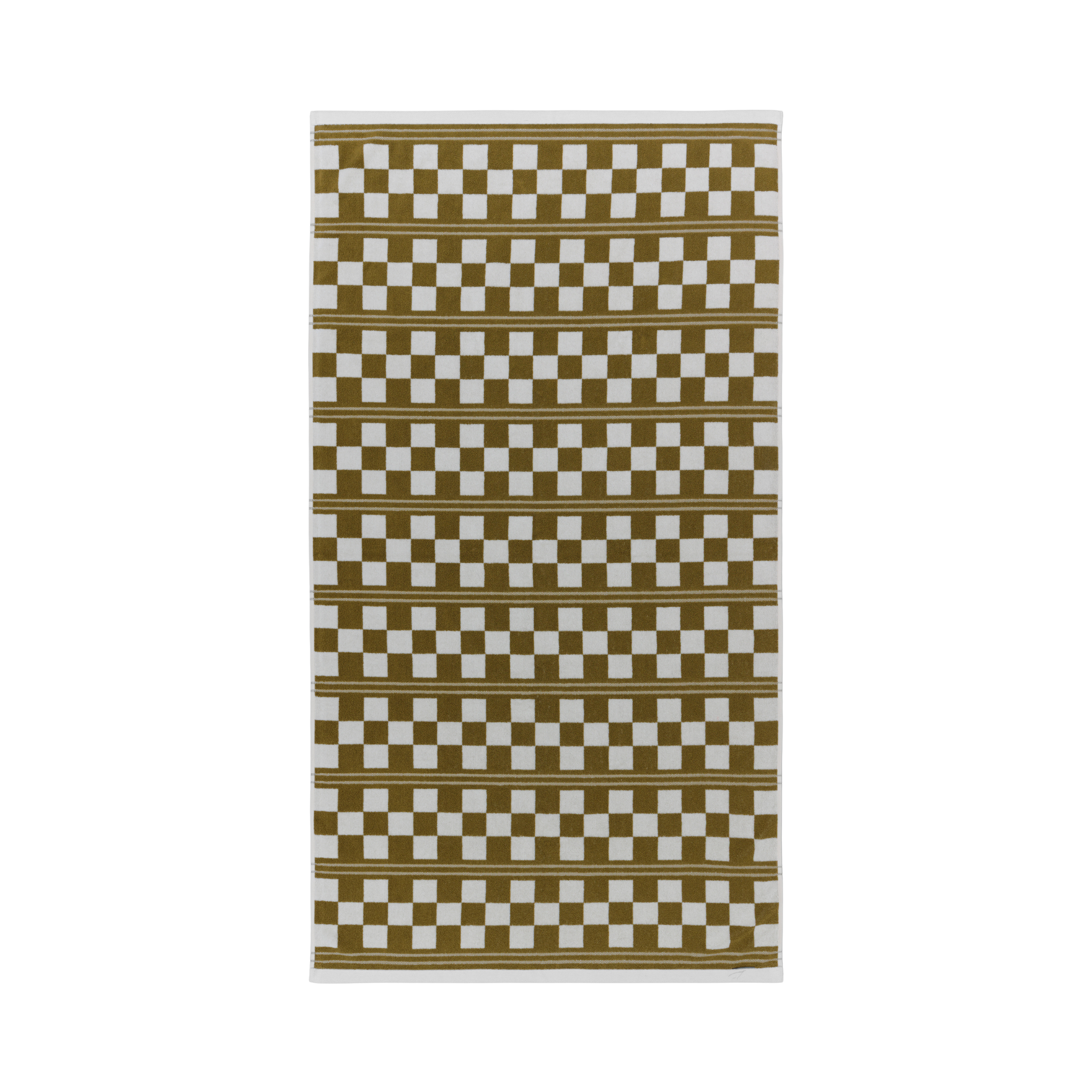 Towel with an olive green and white checkered pattern on a white background