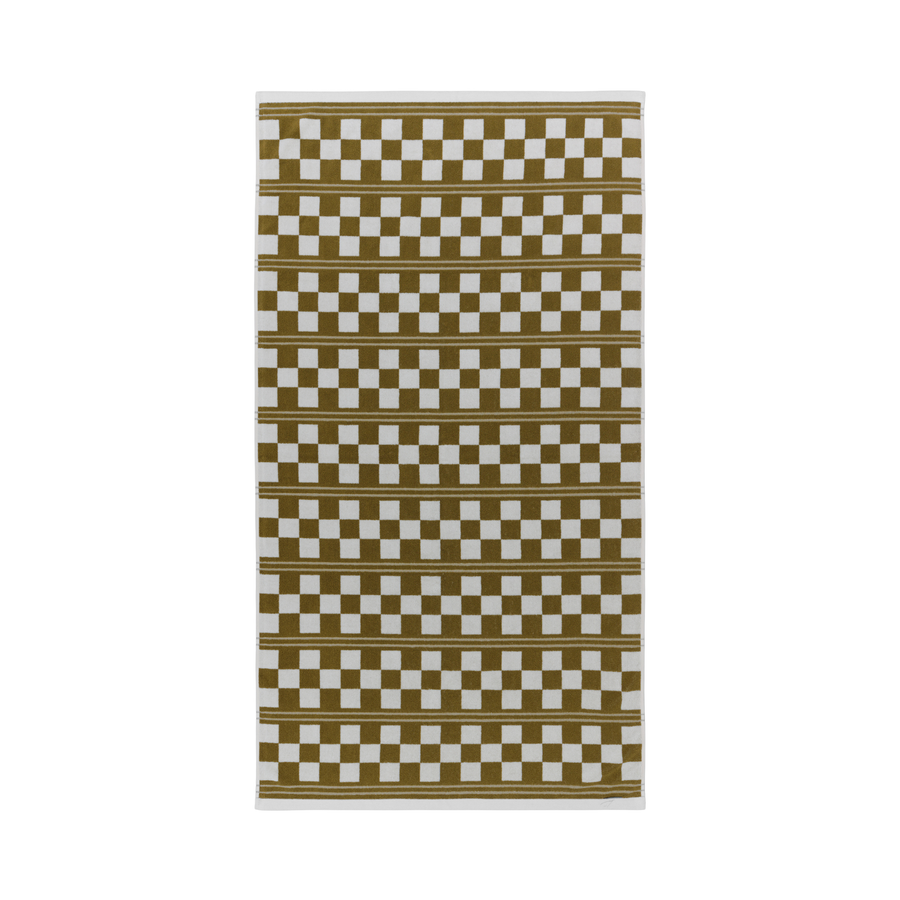 Towel with an olive green and white checkered pattern on a white background