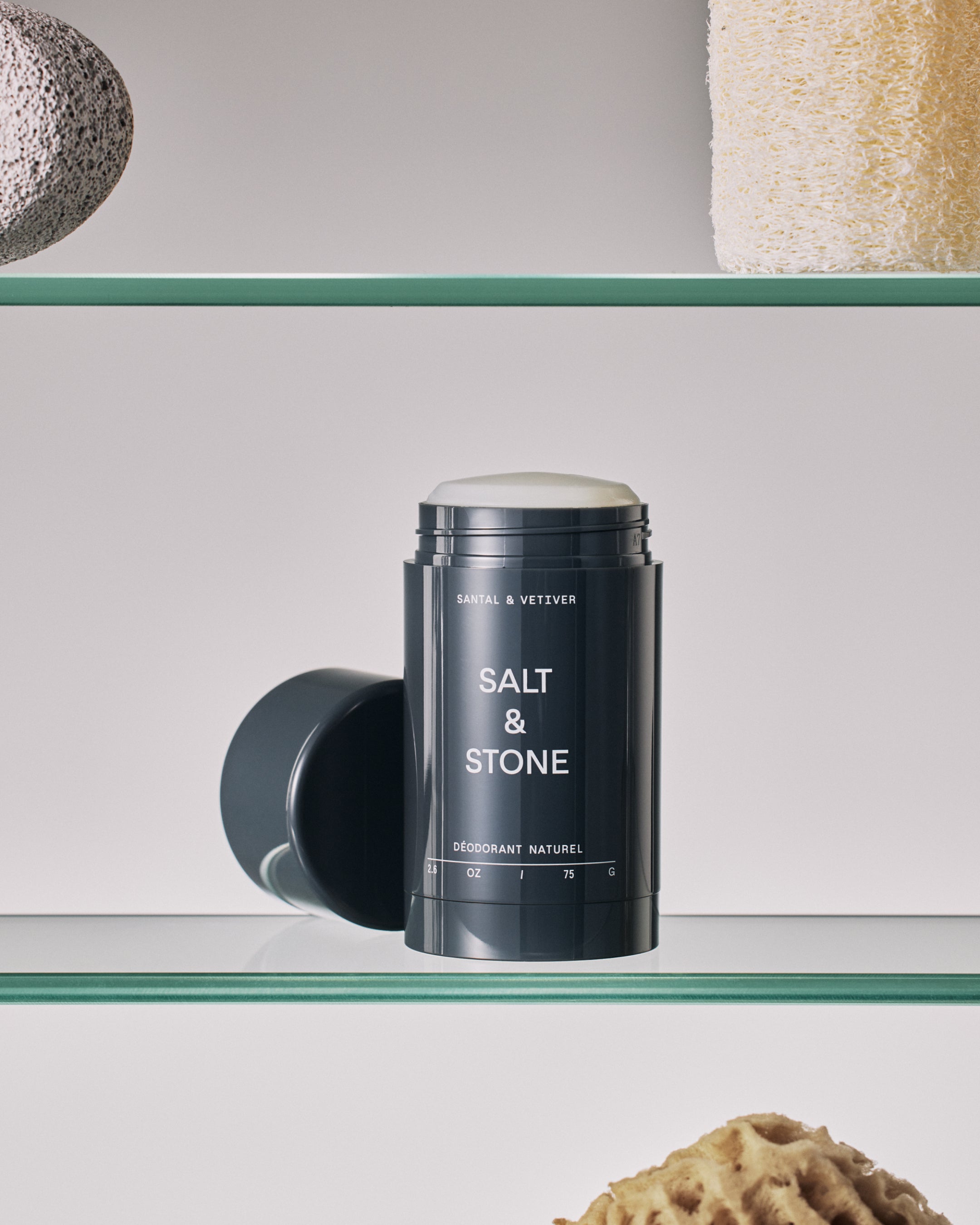 Salt & Stone Extra Strength Deodorant in Santal & Vetiver scent, shown with sleek matte black packaging—best natural deodorant for long-lasting odor control.